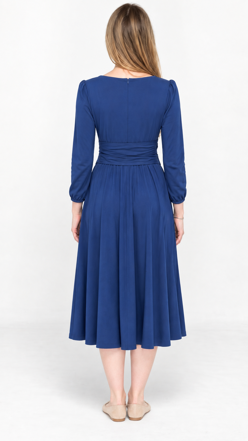 KMW Style 2109 Slate Blue Tie Up Flare Dress - Back