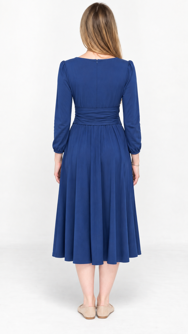 KMW Style 2109 Slate Blue Tie Up Flare Dress - Back