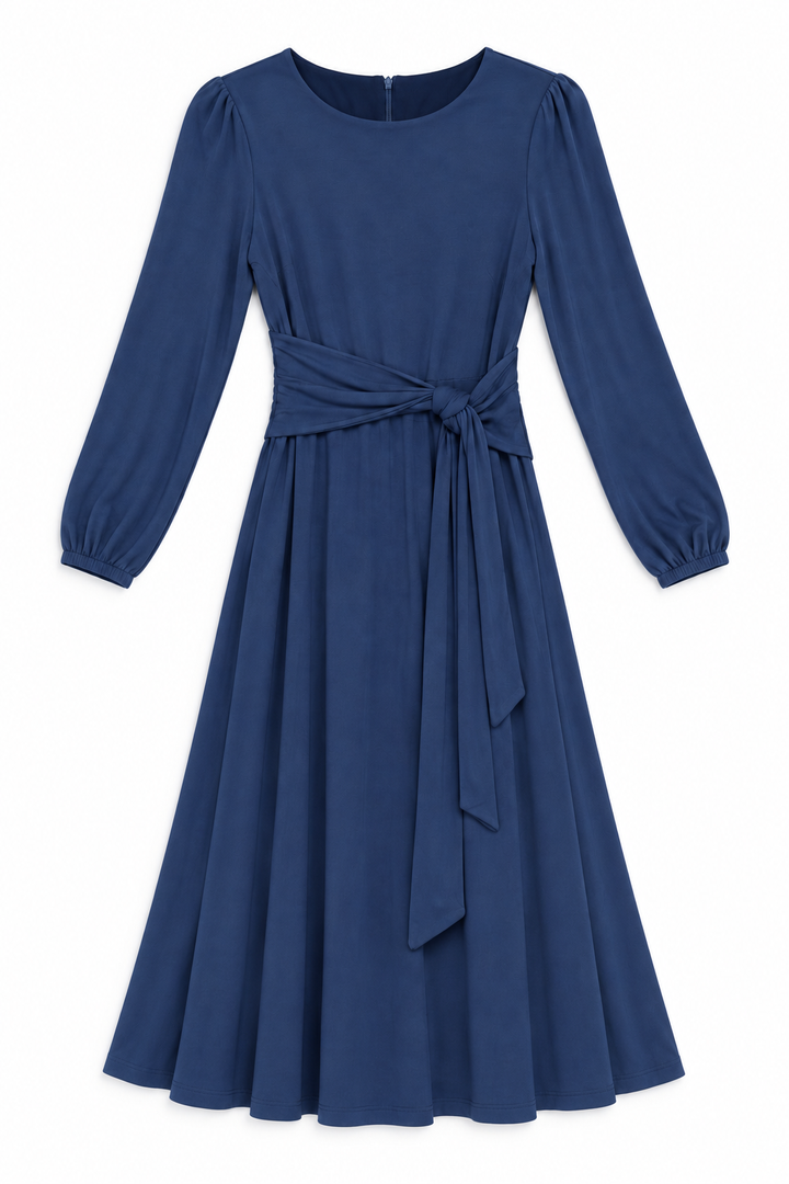 KMW Style 2109 Slate Blue Tie Up Flare Dress - Flatlay