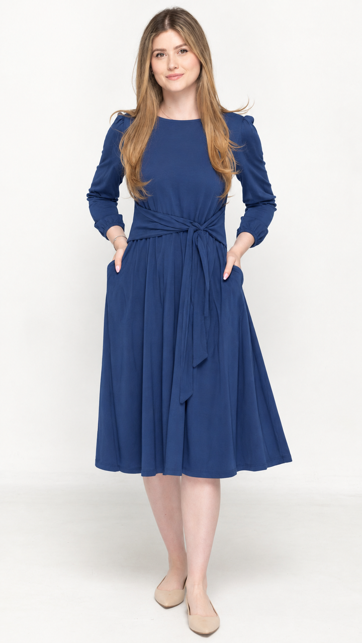 KMW Style 2109 Slate Blue Tie Up Flare Dress - Hero