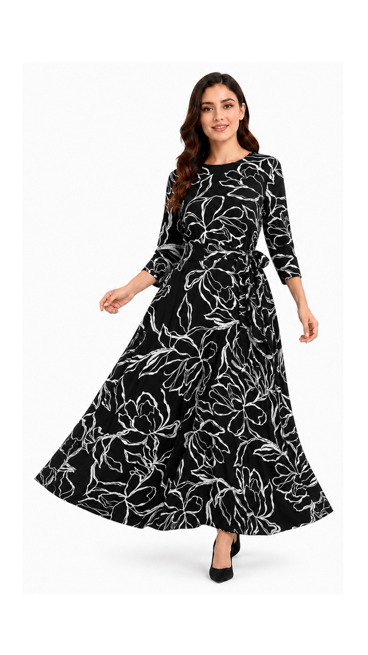 Side Tie Maxi Dress - Black White Stencil