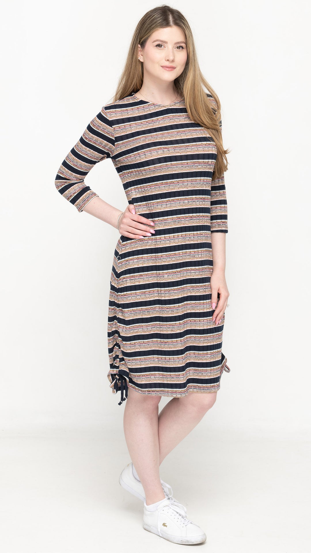 Rib Ruched Dress - Navy Space Dye Stripes