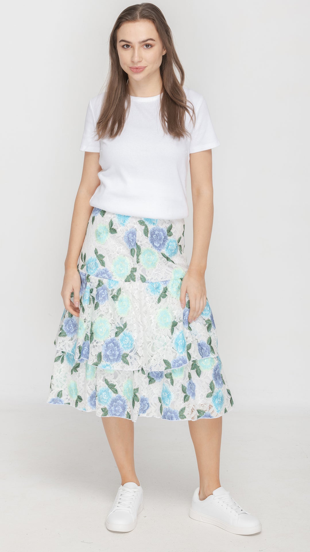 Ruffle Skirt - White Blue Floral Lace