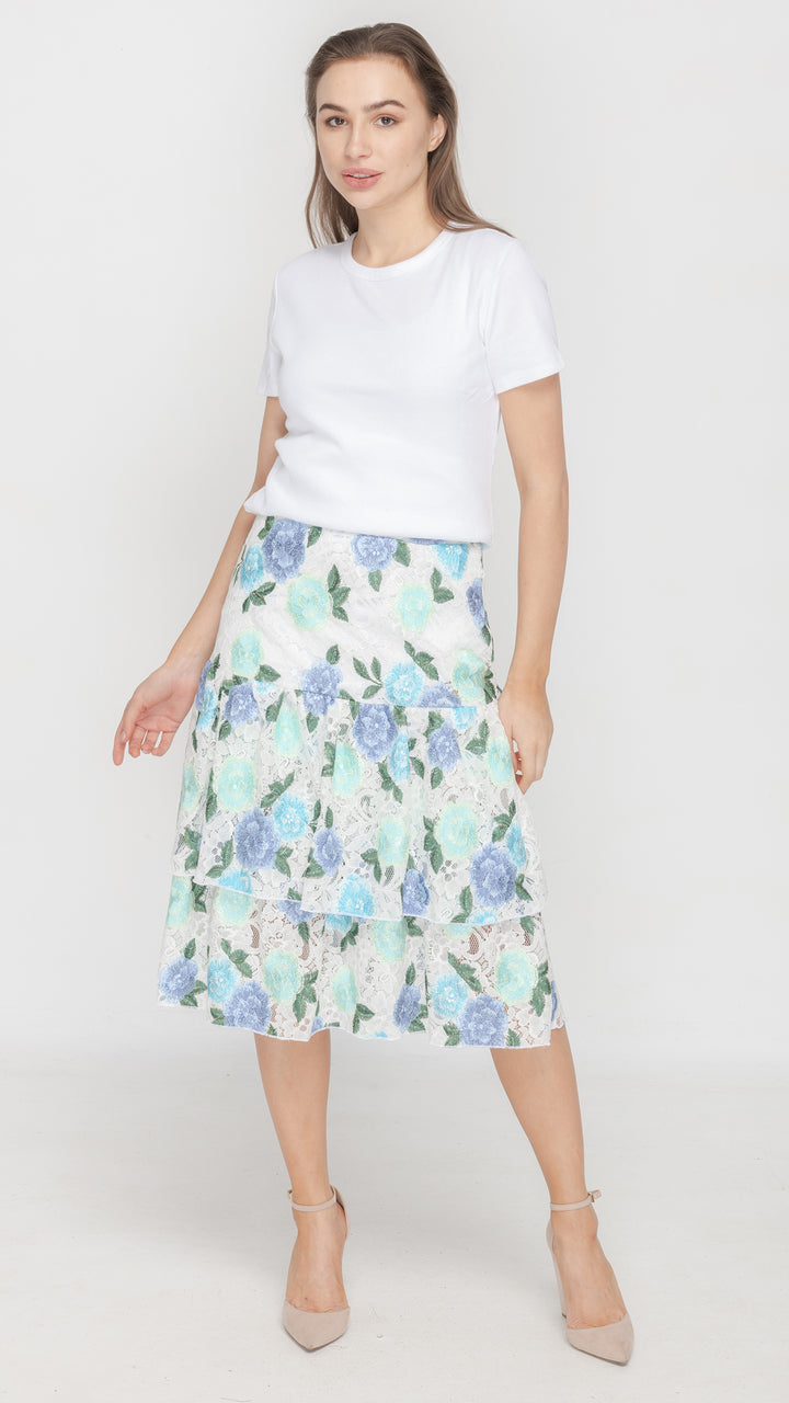 Ruffle Skirt - White Blue Floral Lace