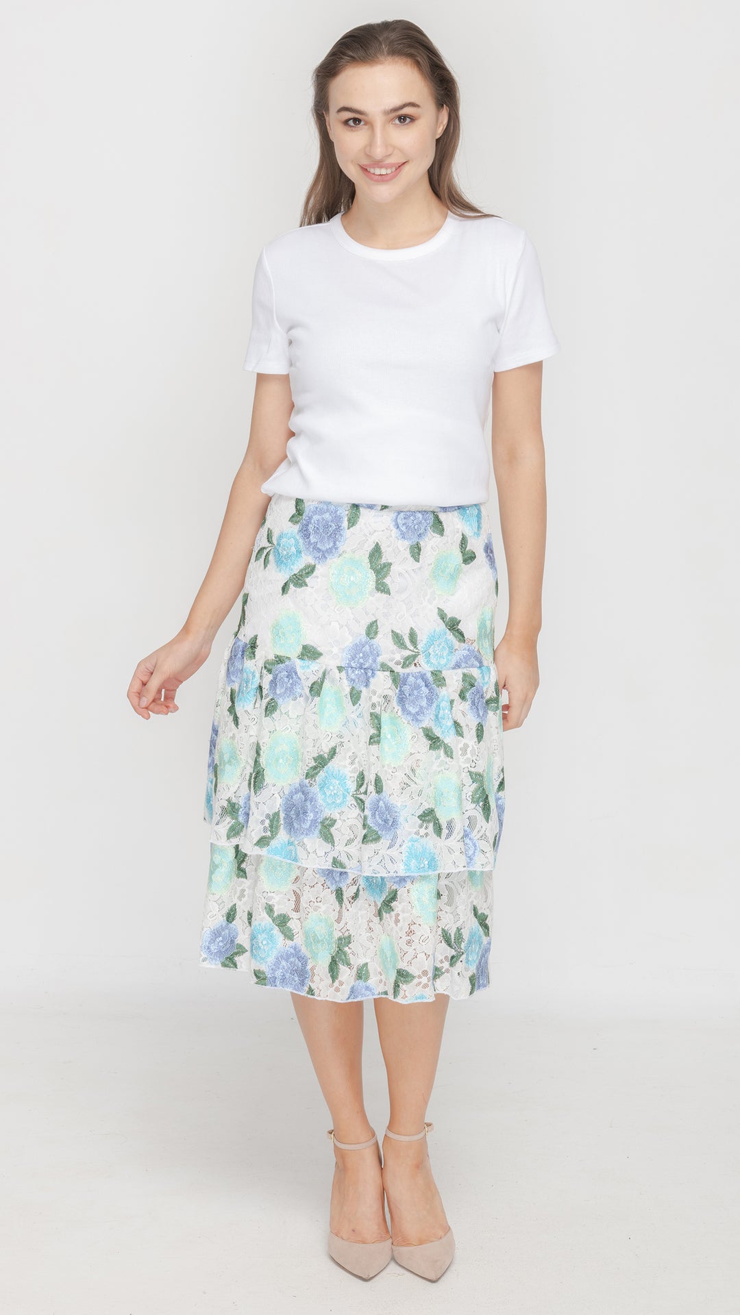 Ruffle Skirt - White Blue Floral Lace