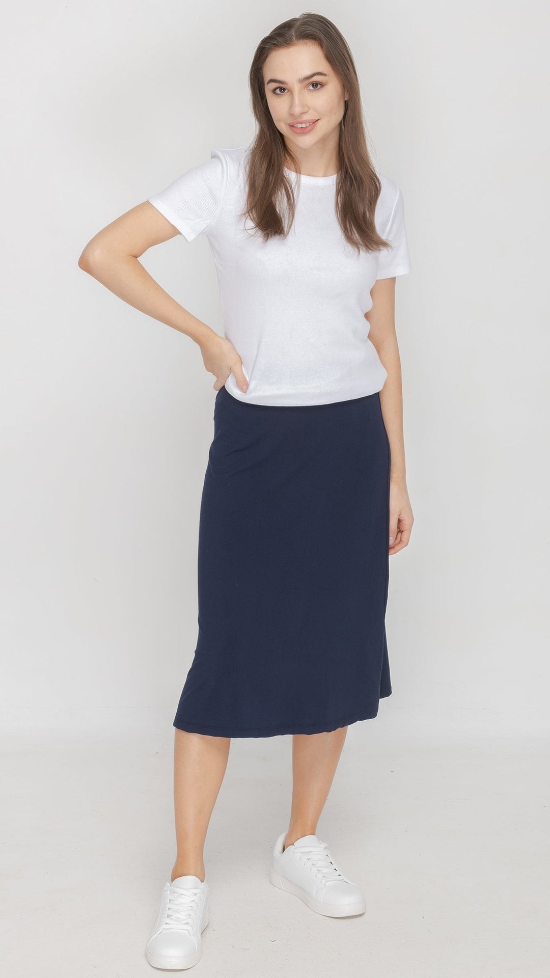 KMW Style 2404 Navy Jersey Midi Skirt - Side