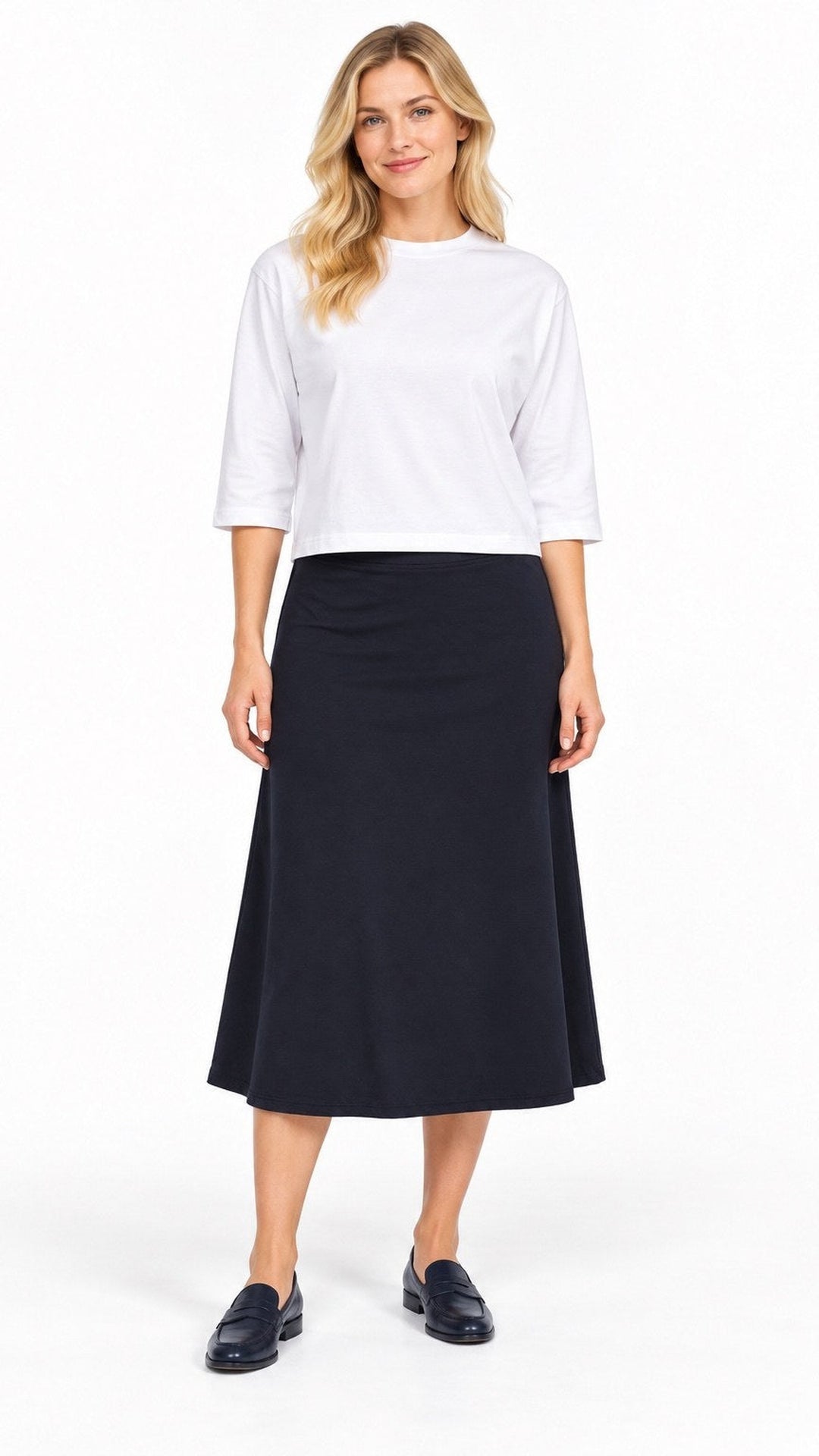 2404 PDR Midi Skirt 28 inch in Navy, front on model