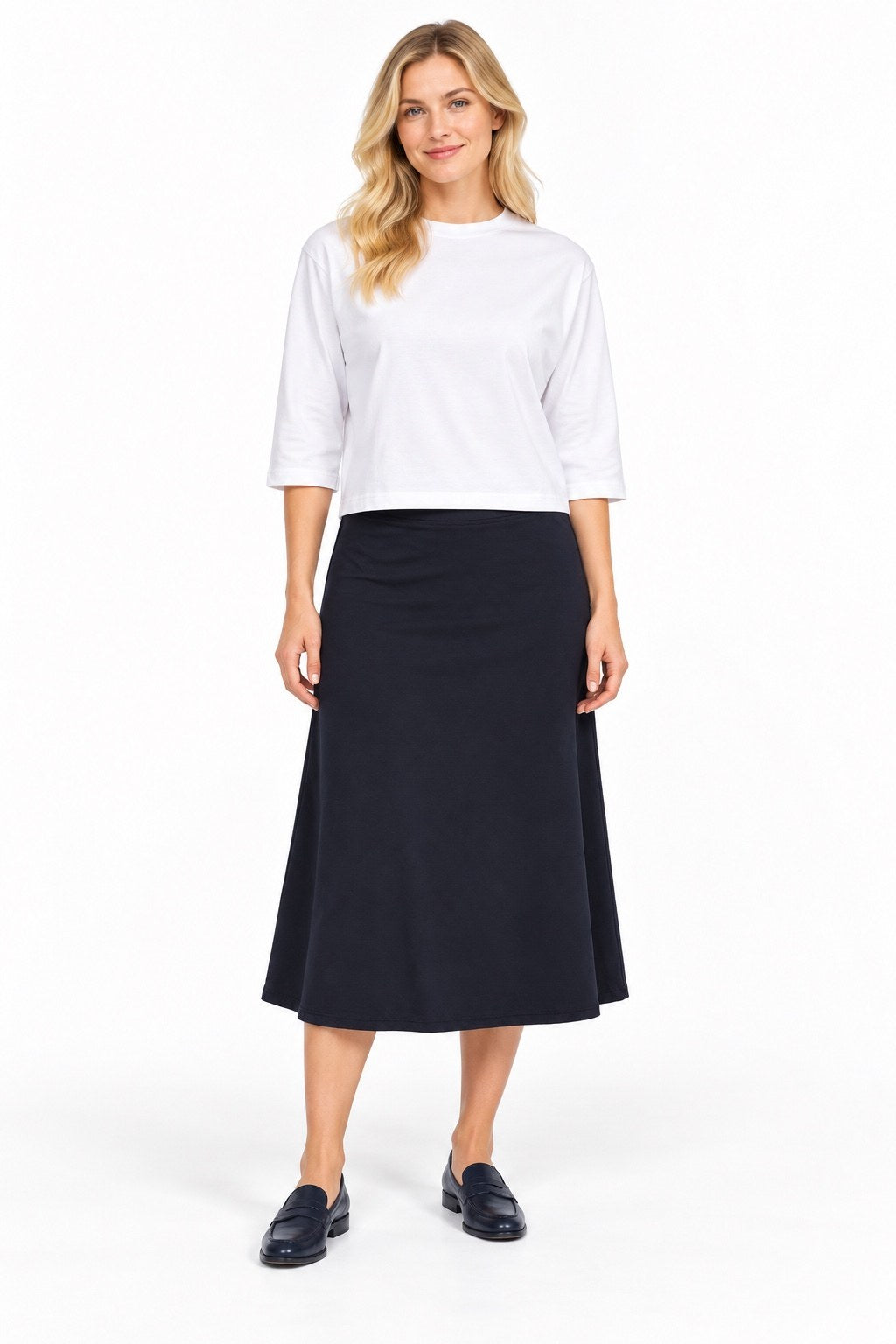 2404 PDR Midi Skirt 28 inch in Navy, front on model