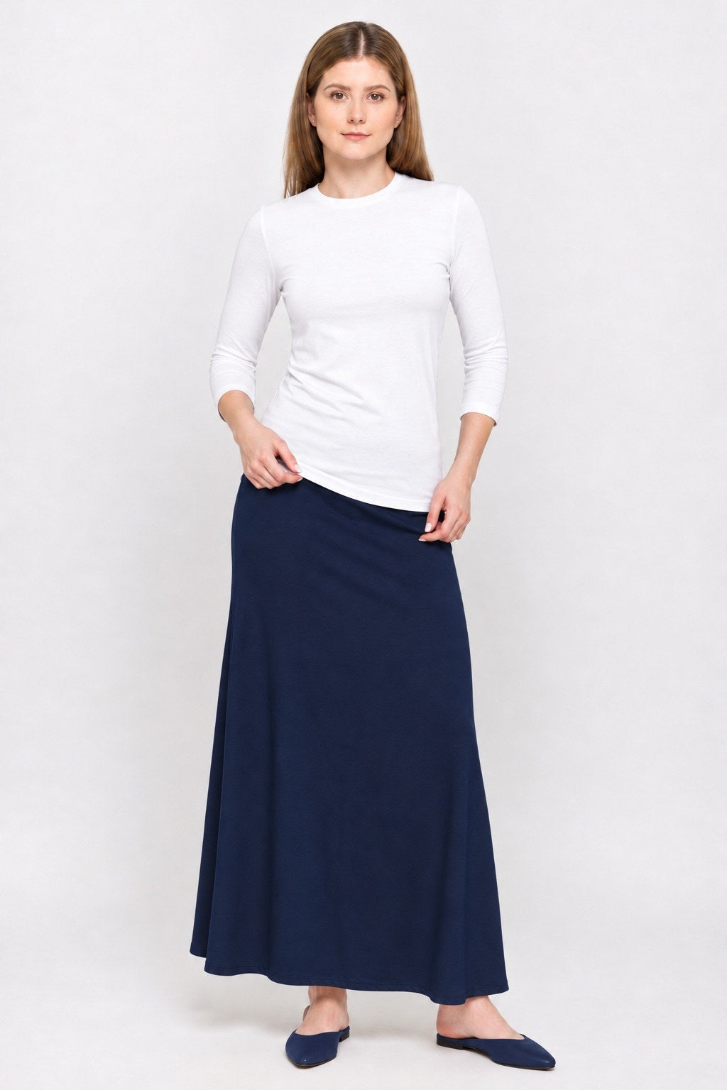 2405 PDR Maxi Skirt in Navy, front on model