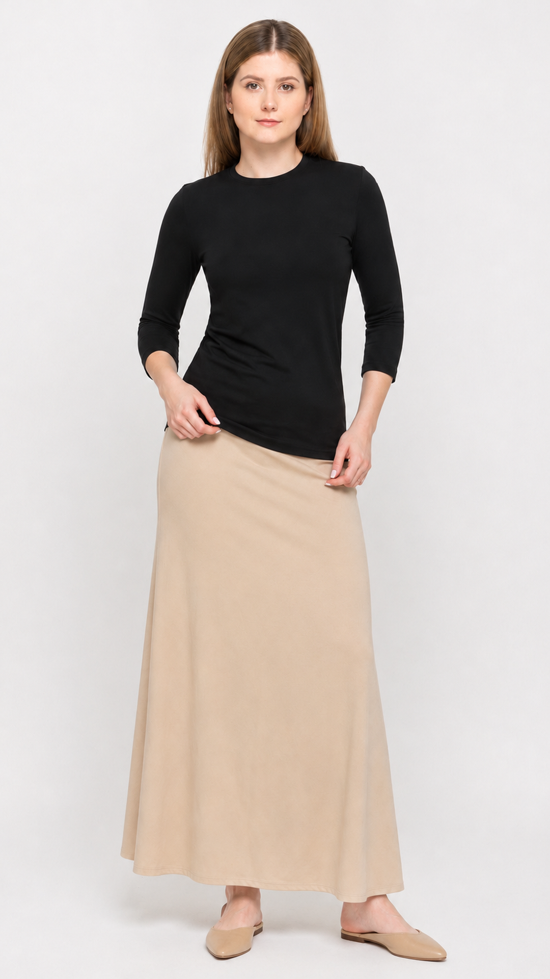 2405 PDR Maxi Skirt in Taupe, front on model