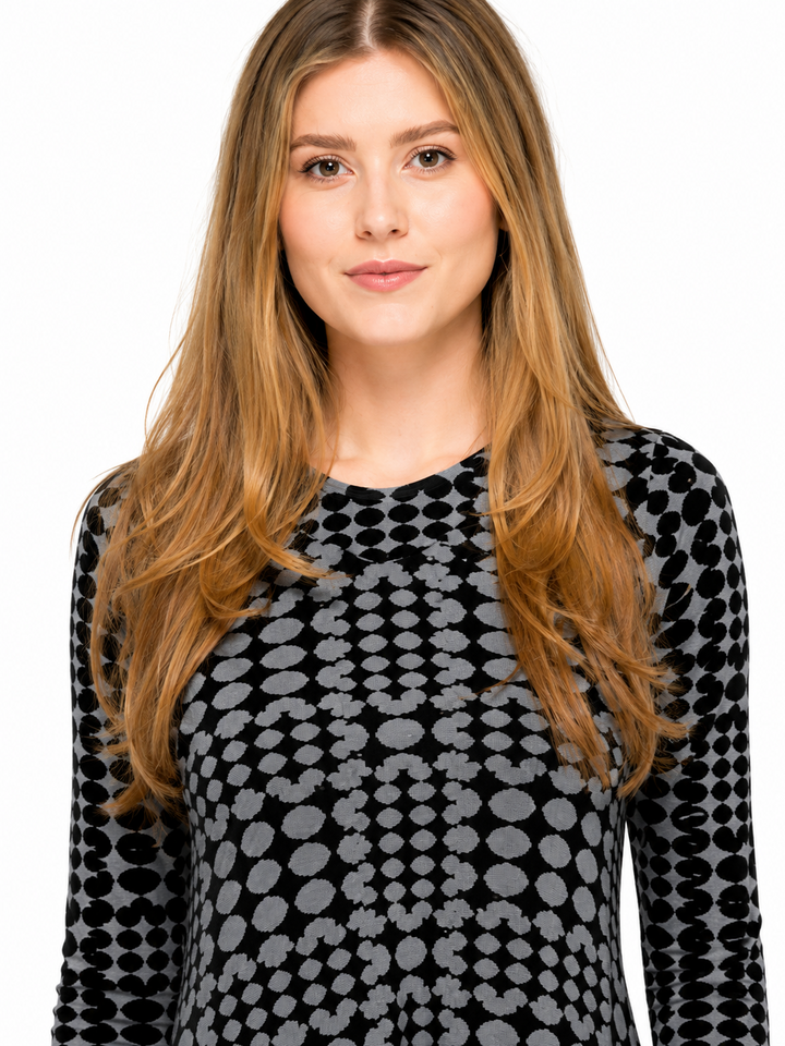 KMW 2500 Grey Dot Mosaic V-neck sweater dress close-up