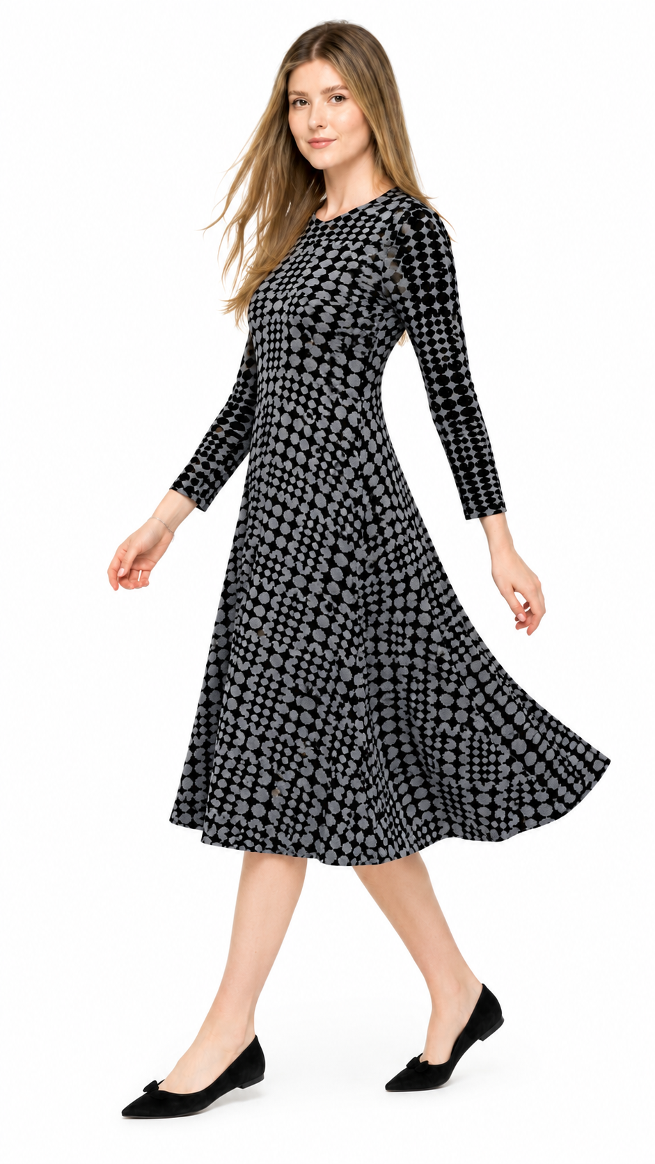 KMW 2500 Grey Dot Mosaic V-neck sweater dress movement view