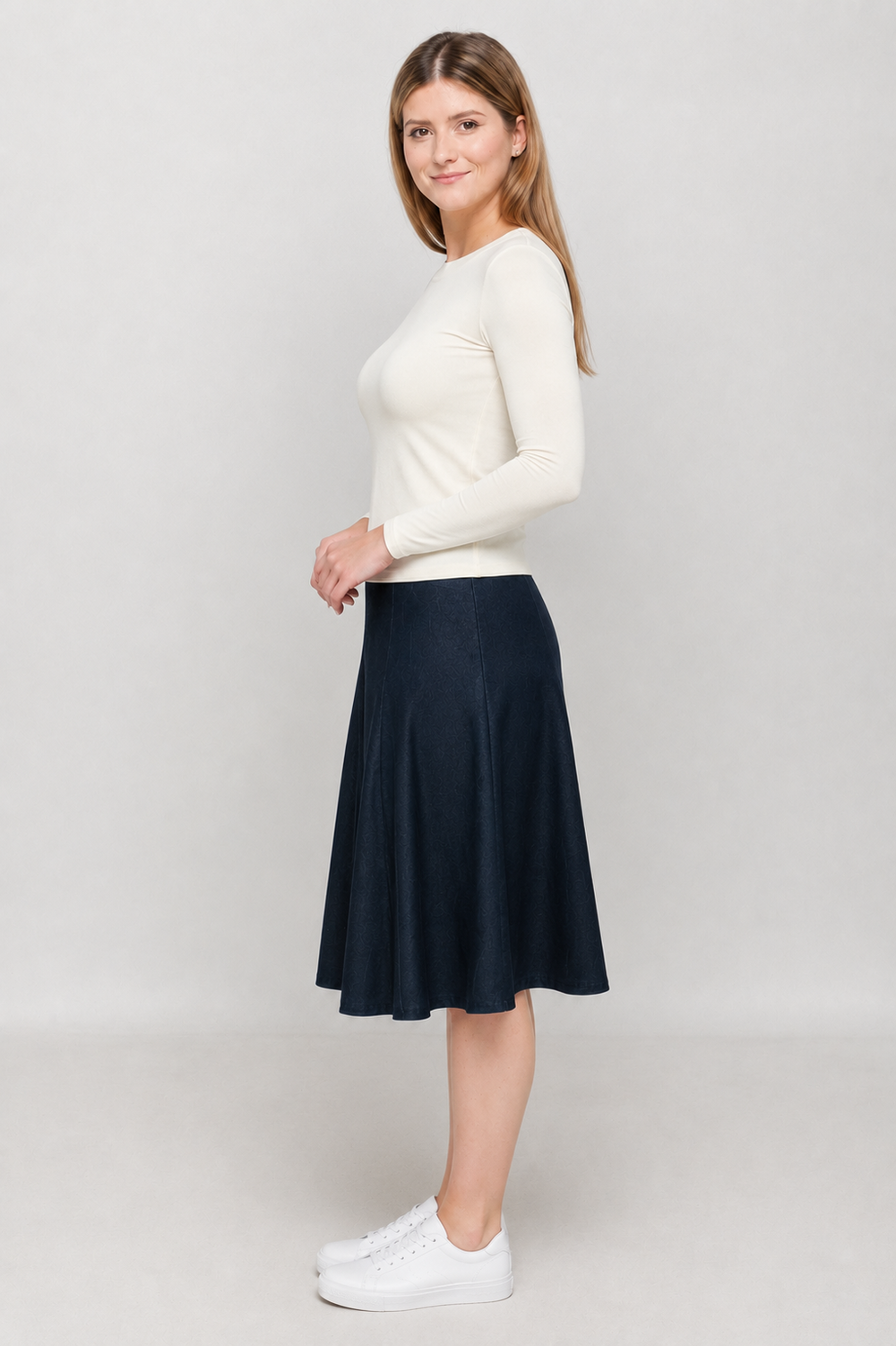 Style 2617 Navy Denim panel skirt side view