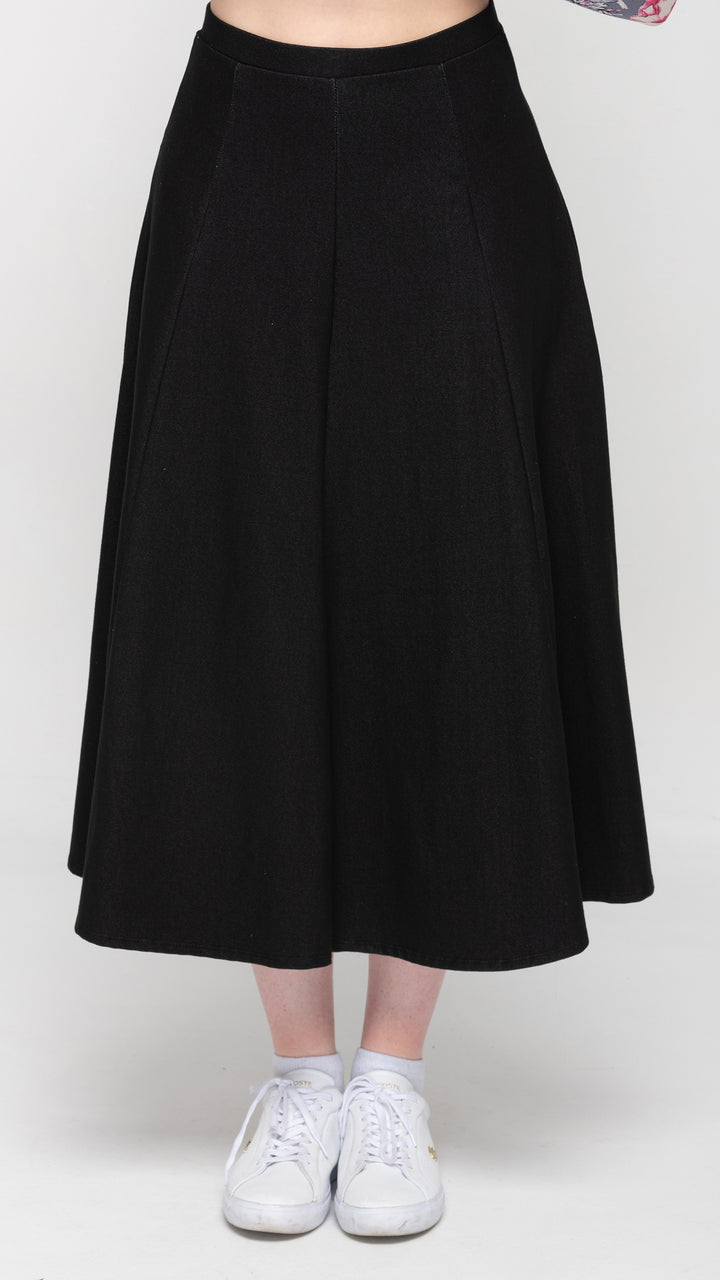 Stretch Knit Denim Panel Skirt - Black Denim 33"