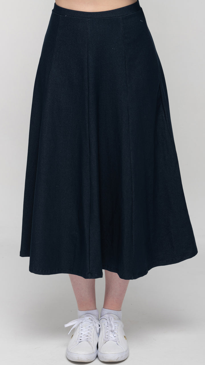 Stretch Knit Denim Panel Skirt - Navy Denim 33"