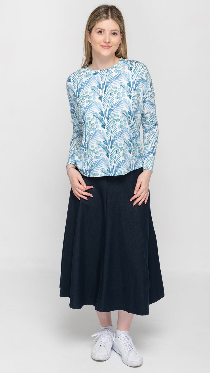 Stretch Knit Denim Panel Skirt - Navy Denim 33"