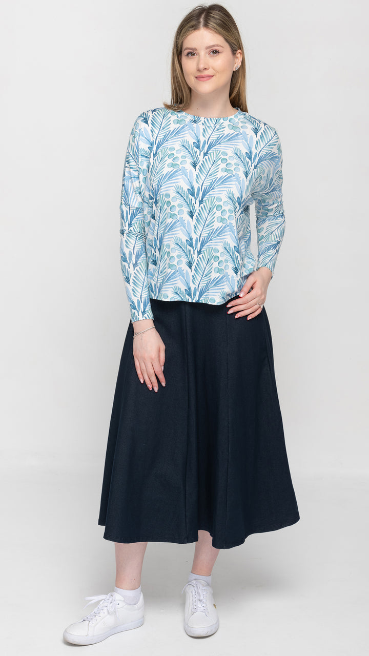 Stretch Knit Denim Panel Skirt - Navy Denim 33"
