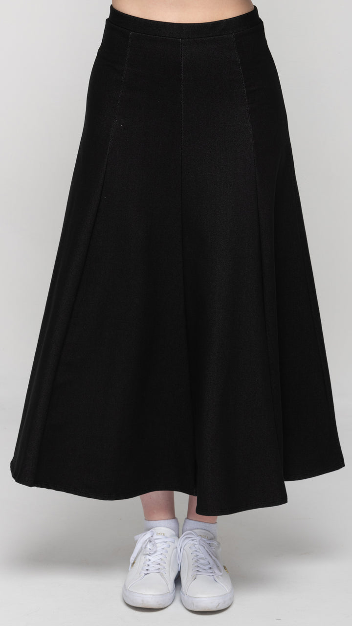 Stretch Knit Denim Panel Skirt - Black Denim 35"