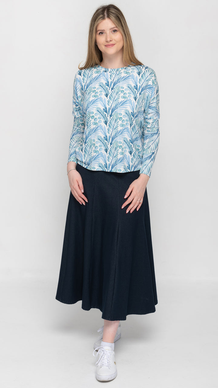 Stretch Knit Denim Panel Skirt - Blue Denim 35"