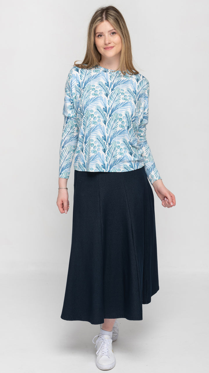 Stretch Knit Denim Panel Skirt - Blue Denim 35"