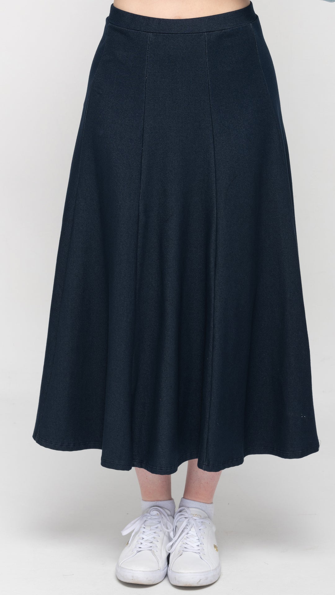 Stretch Knit Denim Panel Skirt - Blue Denim 35"