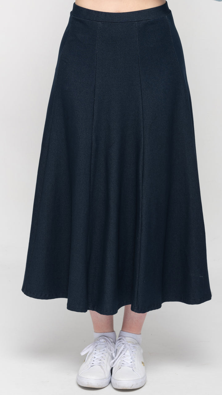 Stretch Knit Denim Panel Skirt - Blue Denim 35"
