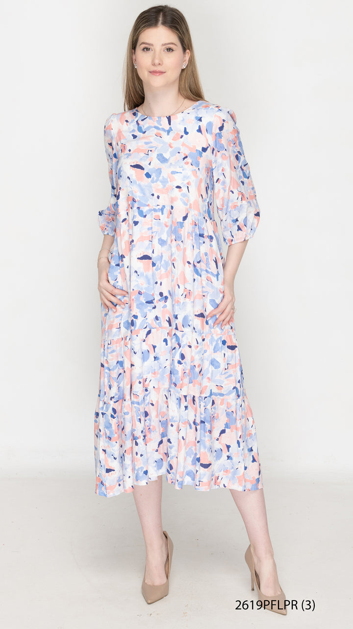 Pink Blue Abstract Foral Tier Dress
