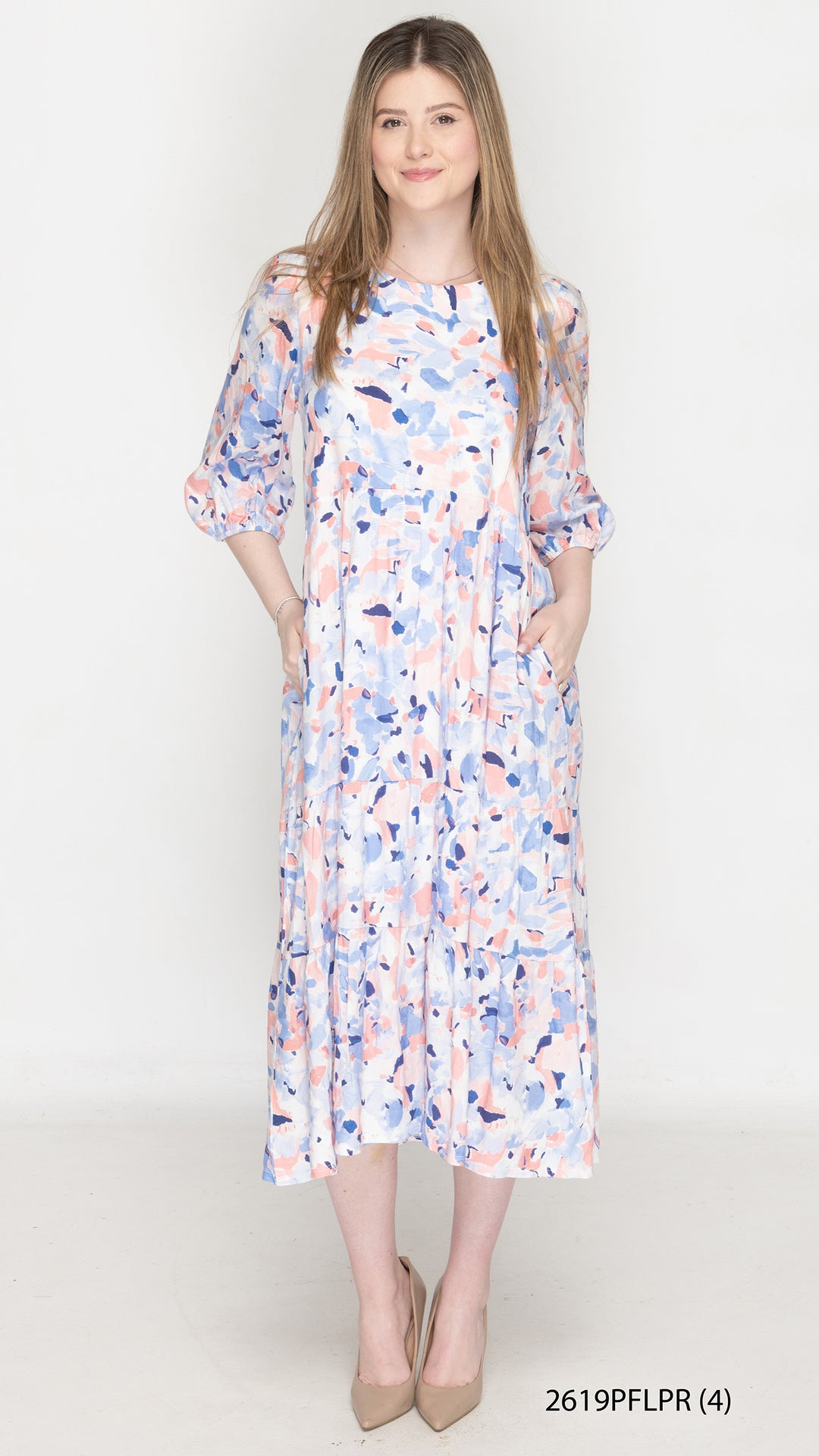 Pink Blue Abstract Foral Tier Dress