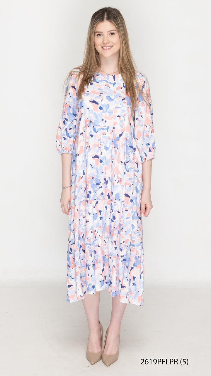 Pink Blue Abstract Foral Tier Dress