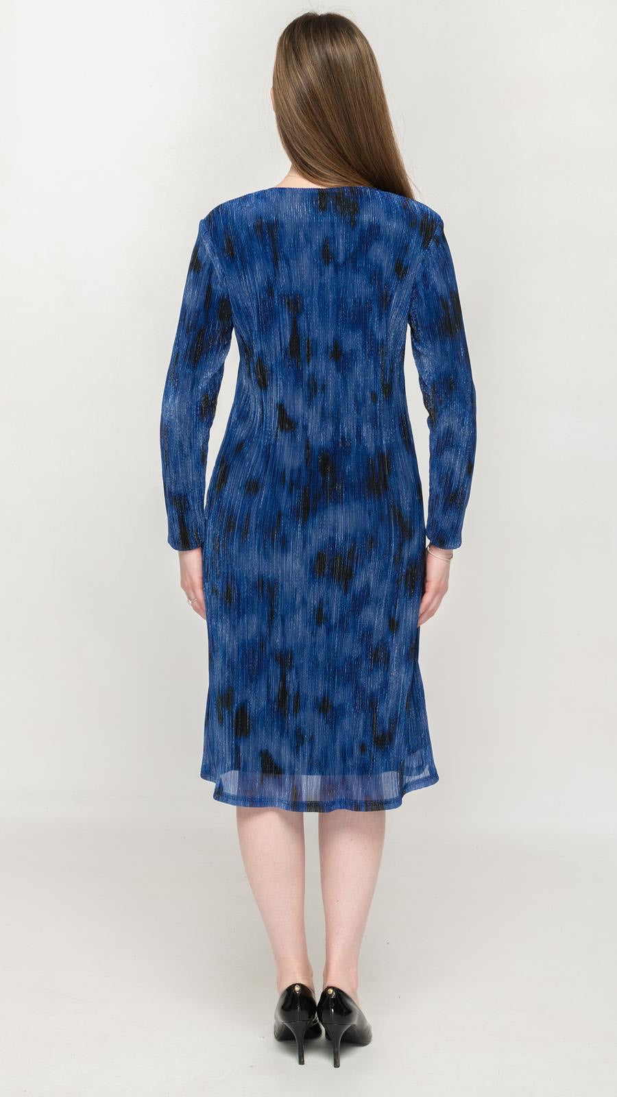Belted Blue Black Abstract Print Pleated Dress