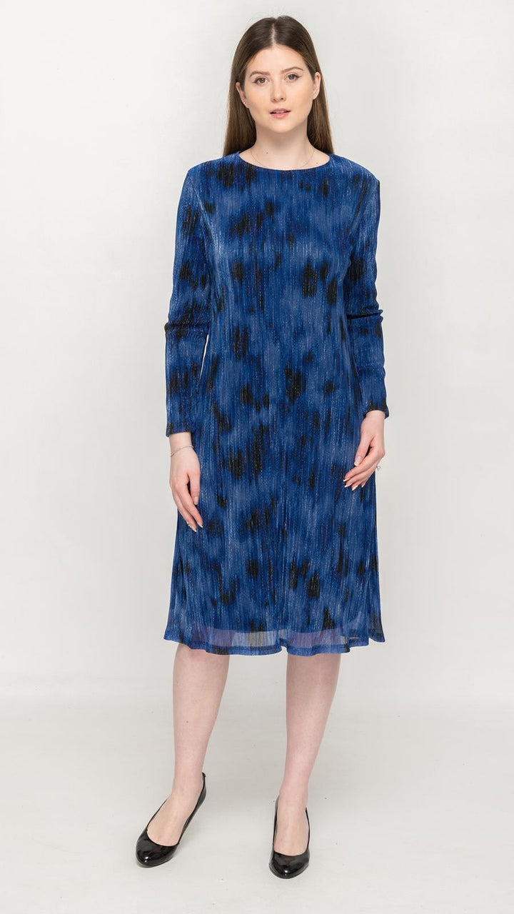Belted Blue Black Abstract Print Pleated Dress