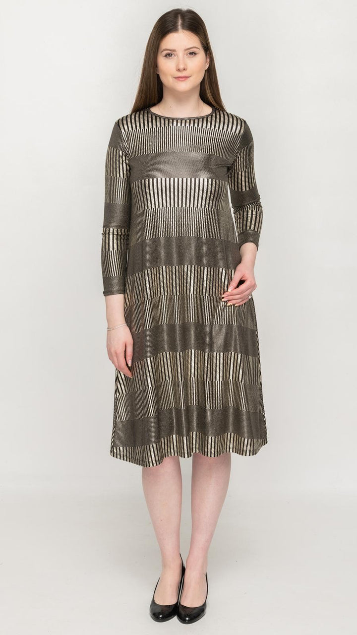 Belted A-Line Dress Gold Foil Print