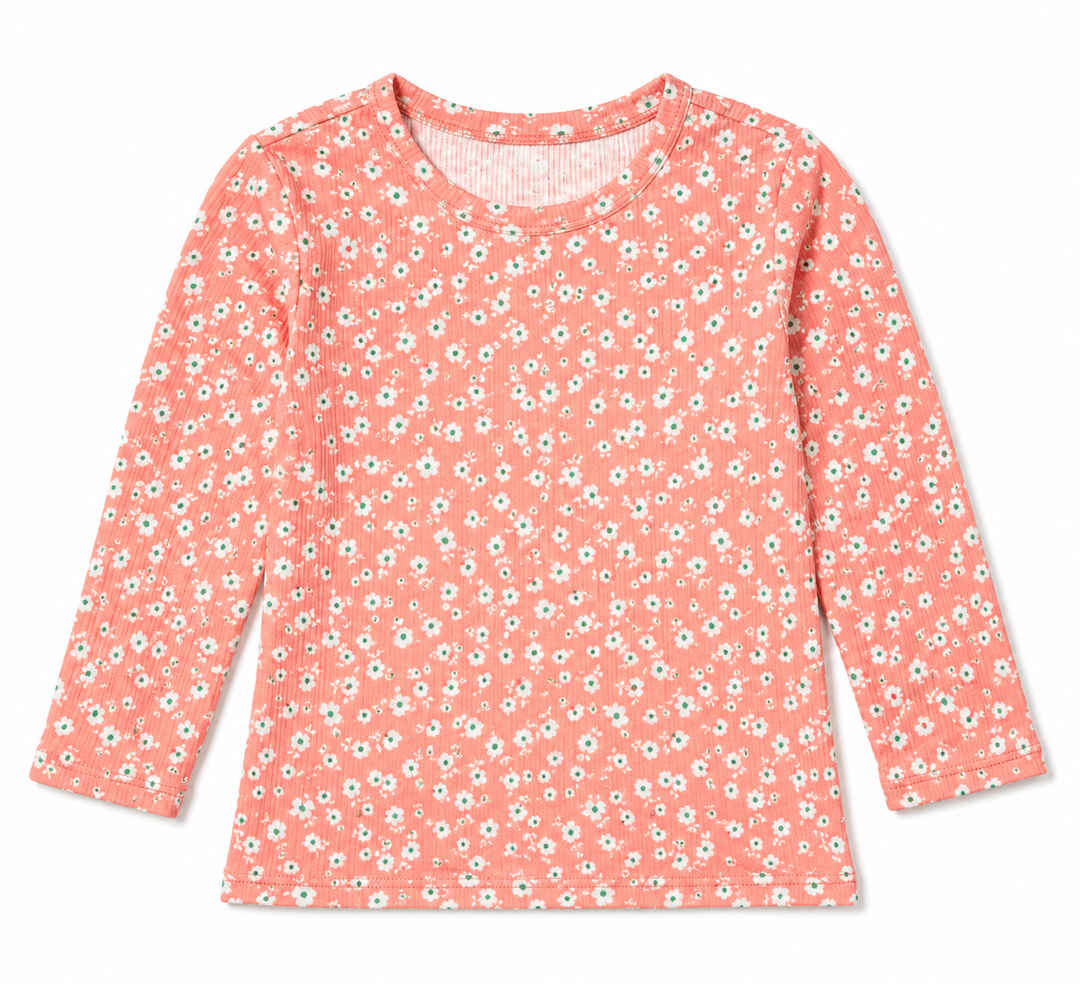 Girls Top - Rib Coral Ditsy Floral