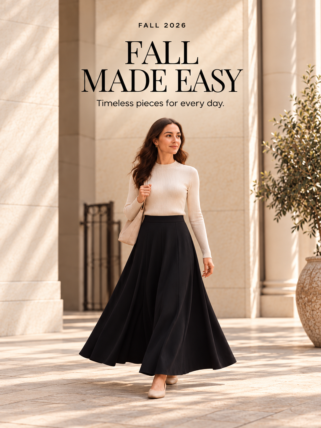 Fall Made Easy — Fall 2026. Model in cream sweater and black maxi skirt, fully visible.