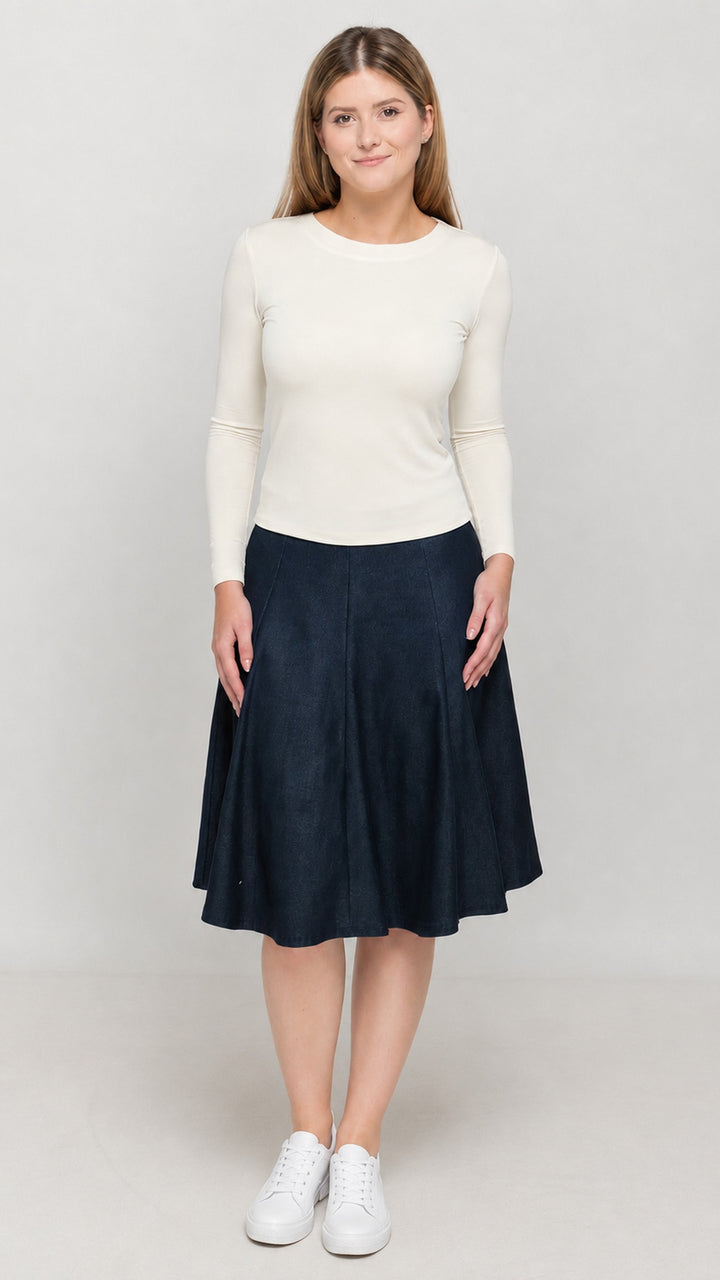 Knit Denim Panel Skirt, navy denim