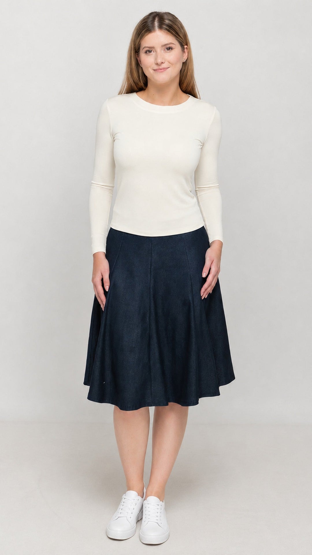 Knit Denim Panel Skirt, navy denim