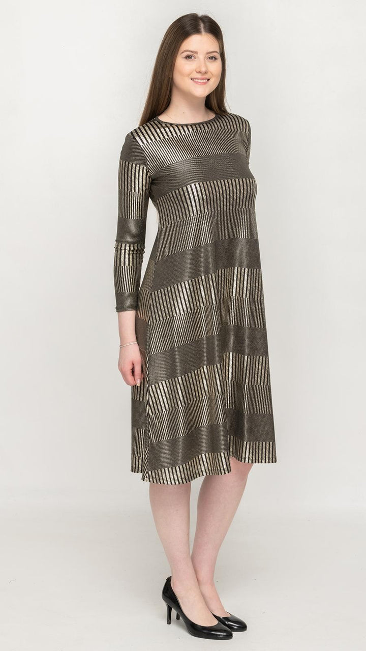 Belted A-Line Dress Gold Foil Print