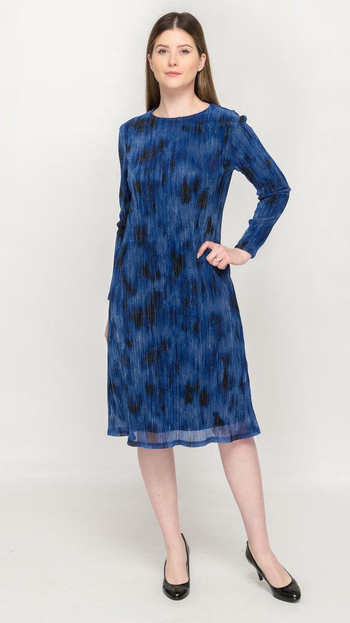 Belted Blue Black Abstract Print Pleated Dress