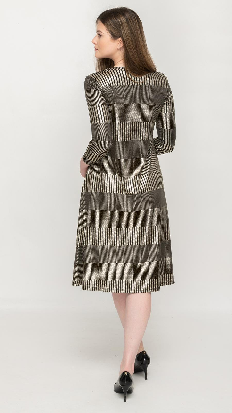 Belted A-Line Dress Gold Foil Print