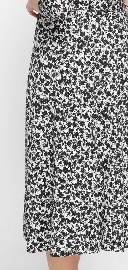 Belted Midi Dress - Black/White Print Ditsy Floral