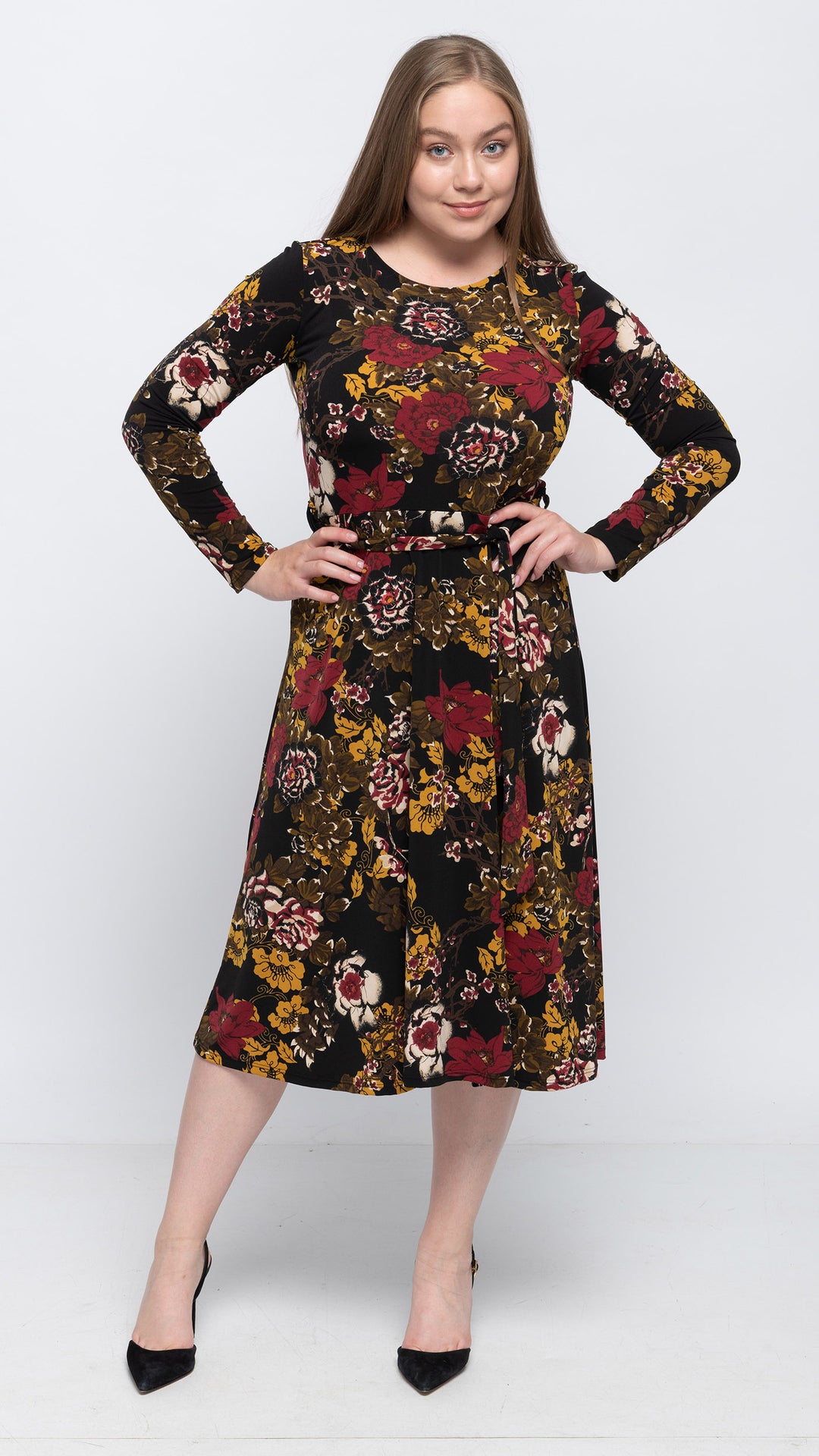 *XS &SMALL* Belted Midi Dress - Mustard Floral