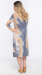 Ladies A line Dress - Blue/Tan Tie Dye