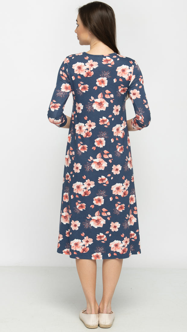 A- Line Dress - Blue/Peach Floral