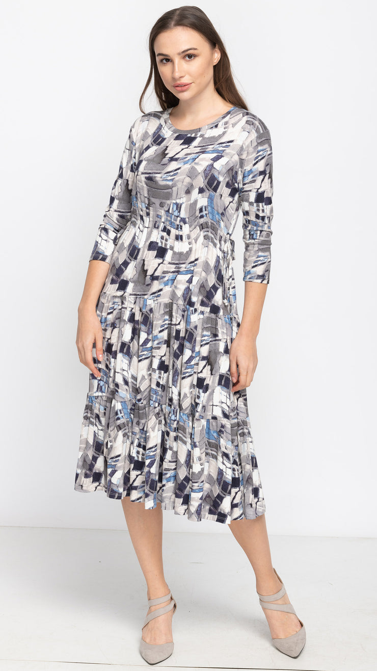 Tiered Drawstring Dress -  Blue Geo Swirl