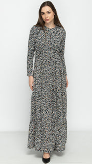 Tiered Drawstring Maxi Dress - Woven Textured Ditsy Floral