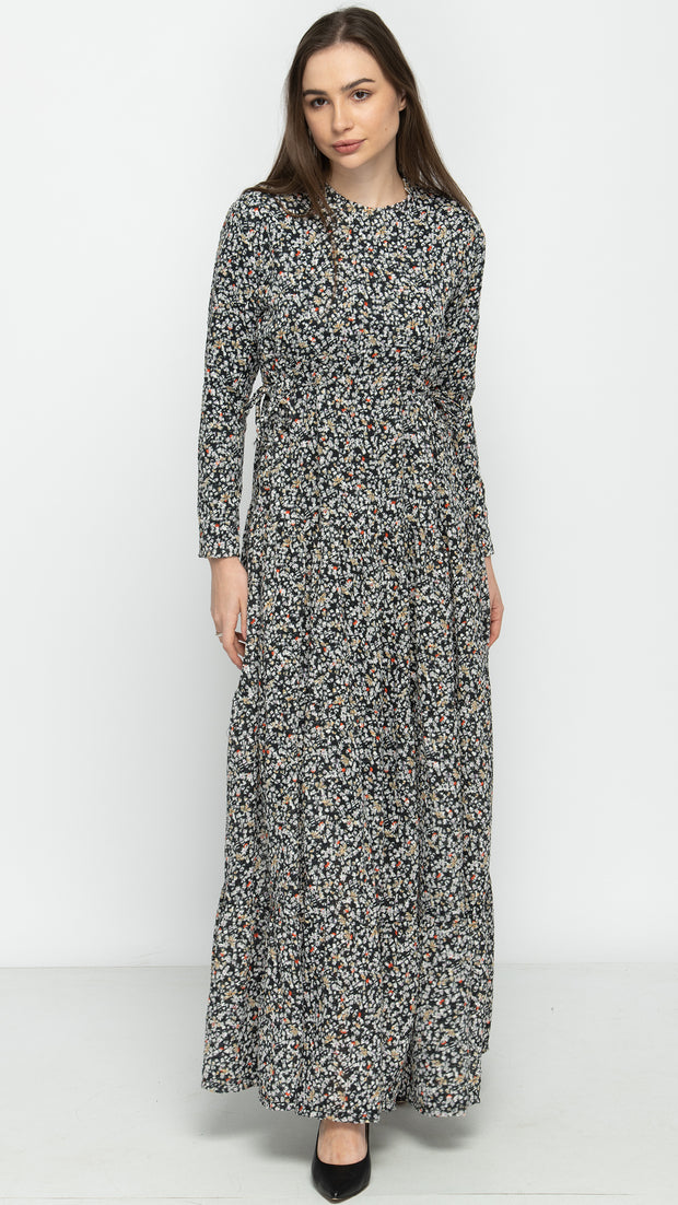 Tiered Drawstring Maxi Dress Woven - Textured Ditsy Floral