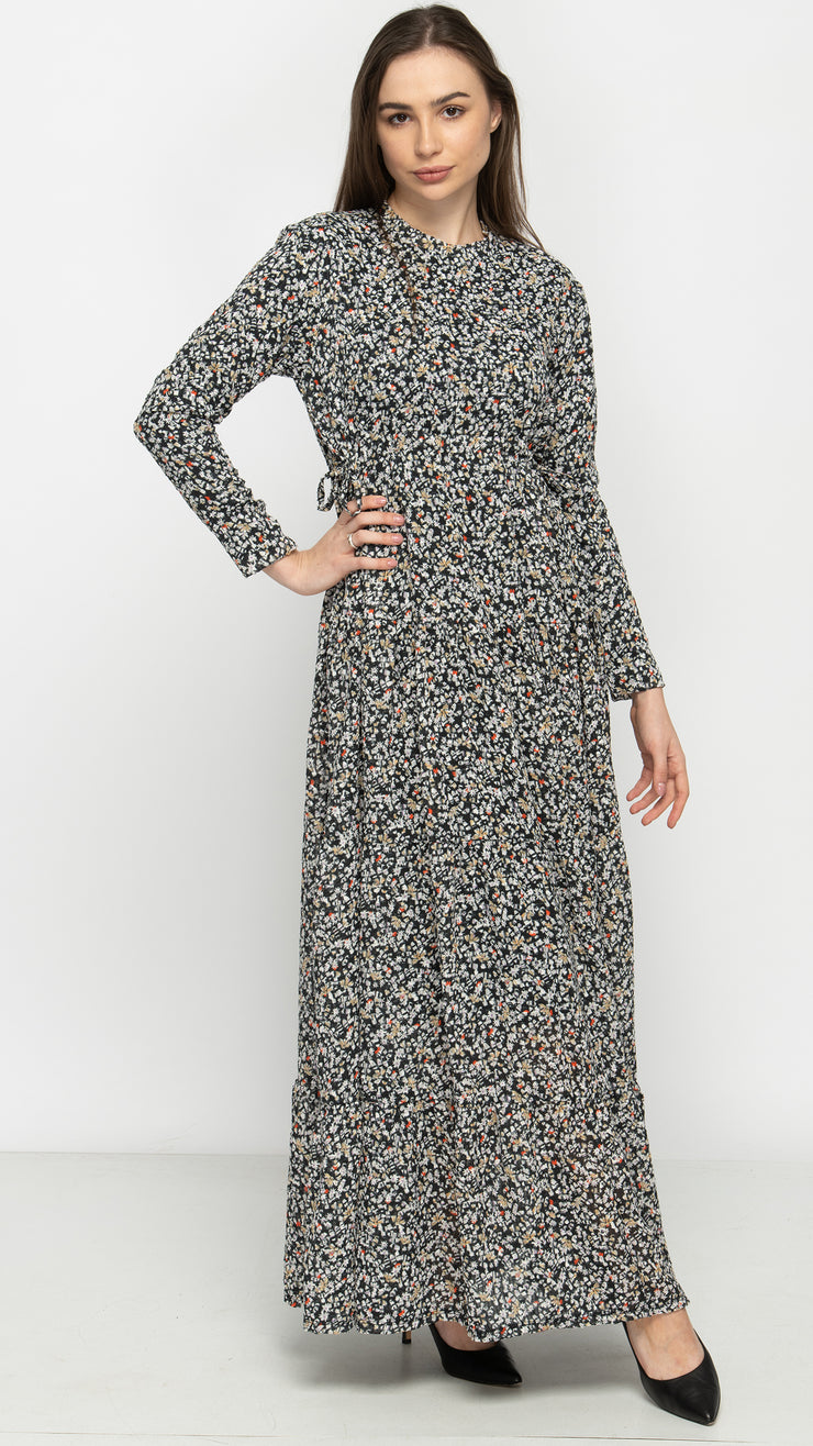Tiered Drawstring Maxi Dress - Woven Textured Ditsy Floral