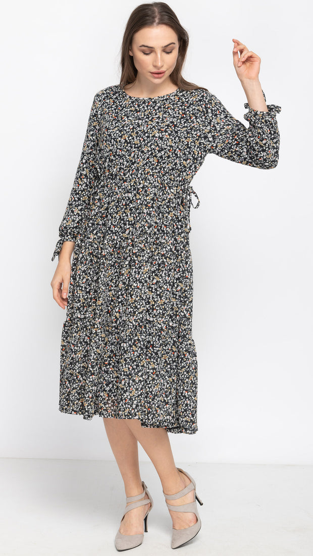 Tiered Drawstring Dress - Woven Textured Ditsy Floral