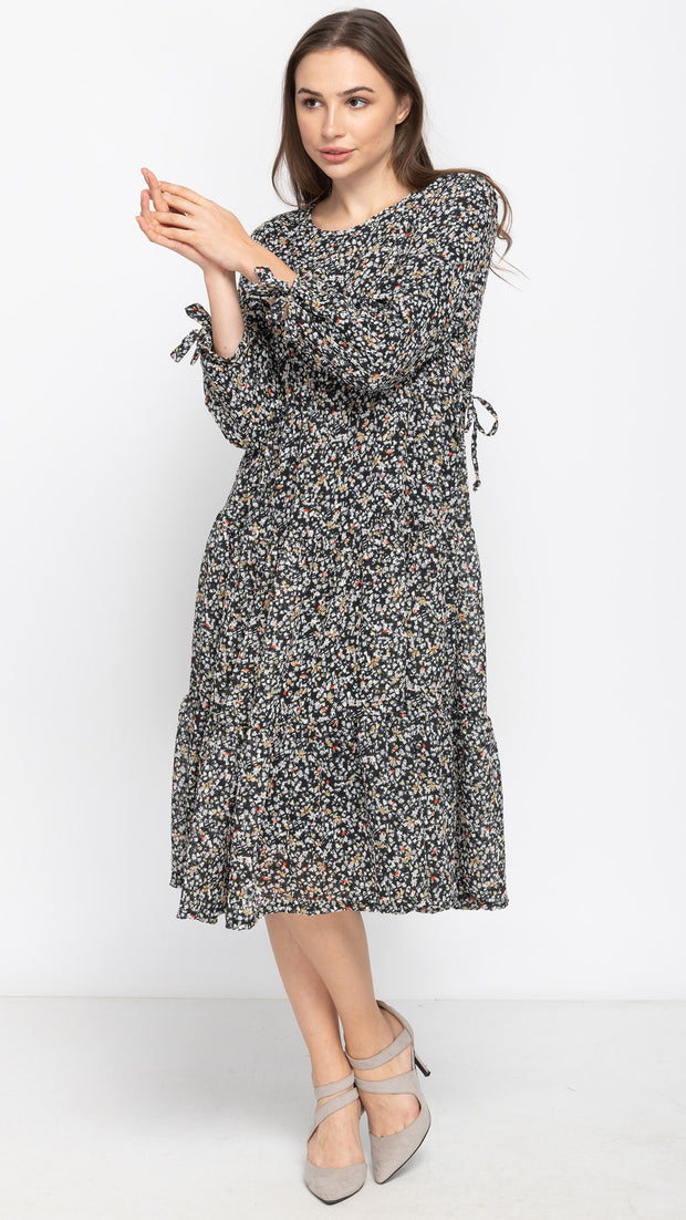 Tiered Drawstring Dress - Woven Textured Ditsy Floral