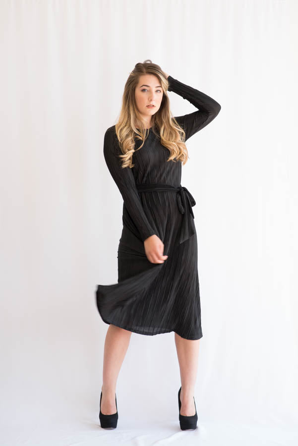 Satin Pleat Tunic Dress - Black *SMALL ONLY*